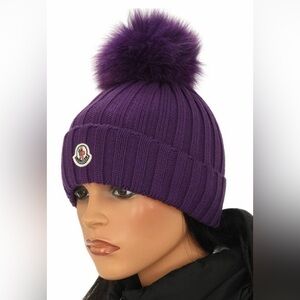 NEW MONCLER DARK PURPLE WOOL POM POM  BEANIE LOGO HAT ONE SIZE RFID CODE